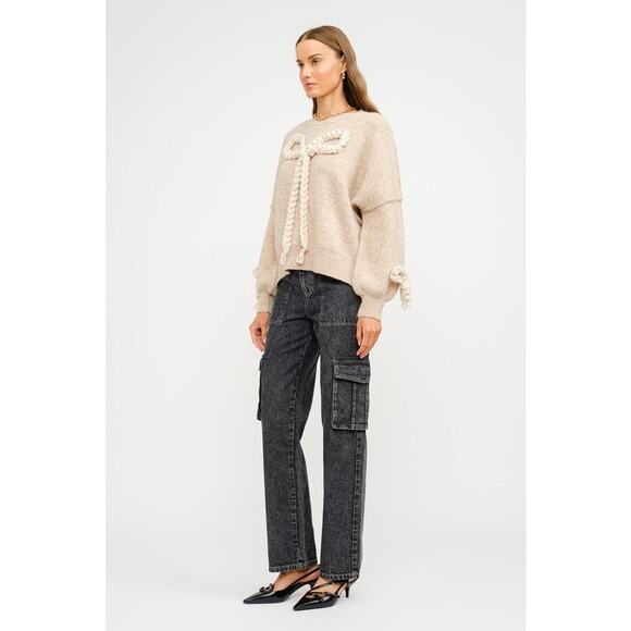 Sofie the label Sweaters - Sofie the Label Women’s Beige Bow Detail Crewneck Sweater Sz M Flirty